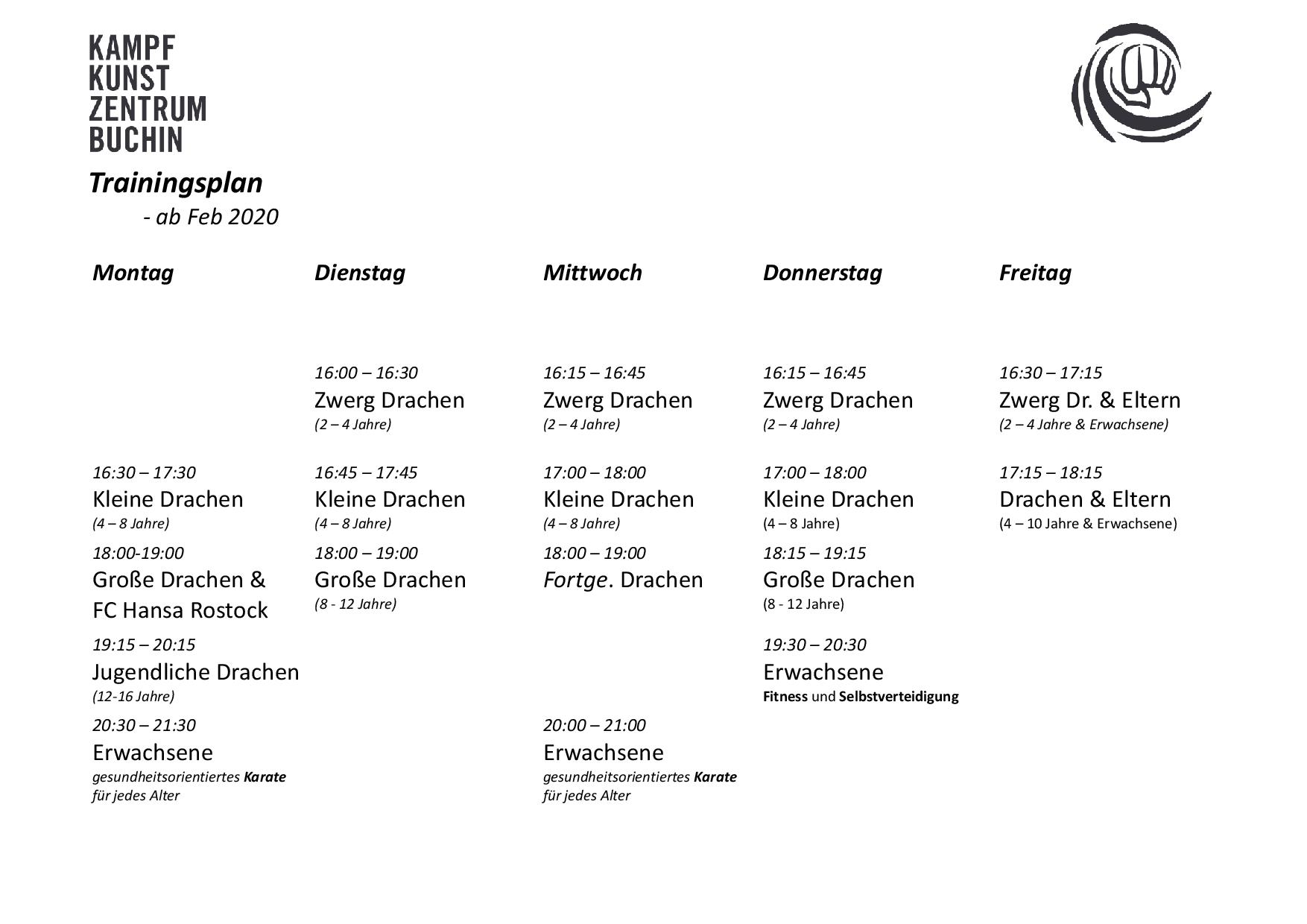 Stundenplan ab Januar 2020 nachmittags Trainingszeiten nachmittags