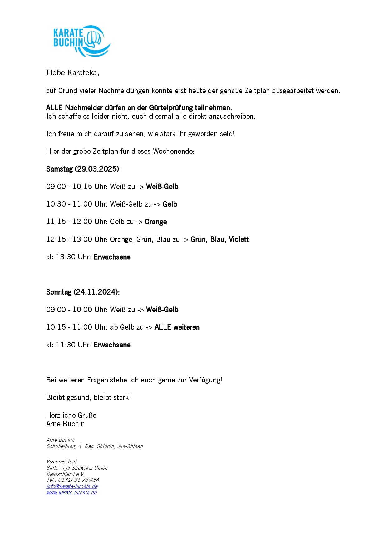 Zeitplan der Gürtelprüfung 29.&30.03.2025 // Karate Buchin