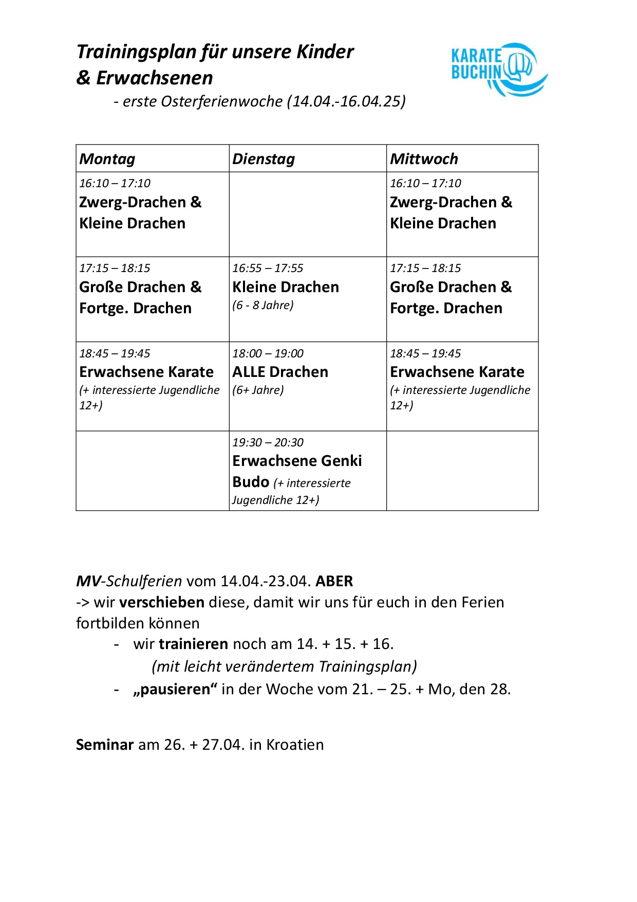 Training in den Osterferien 2025 // Karate Buchin