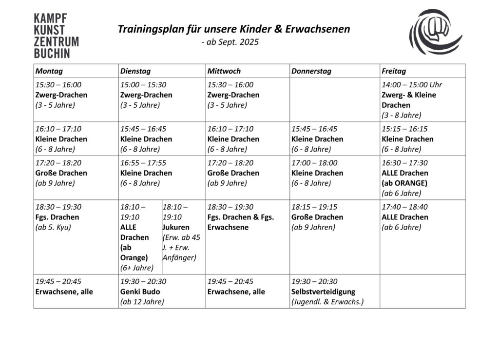 Trainingsplan 2025 Karate Buchin