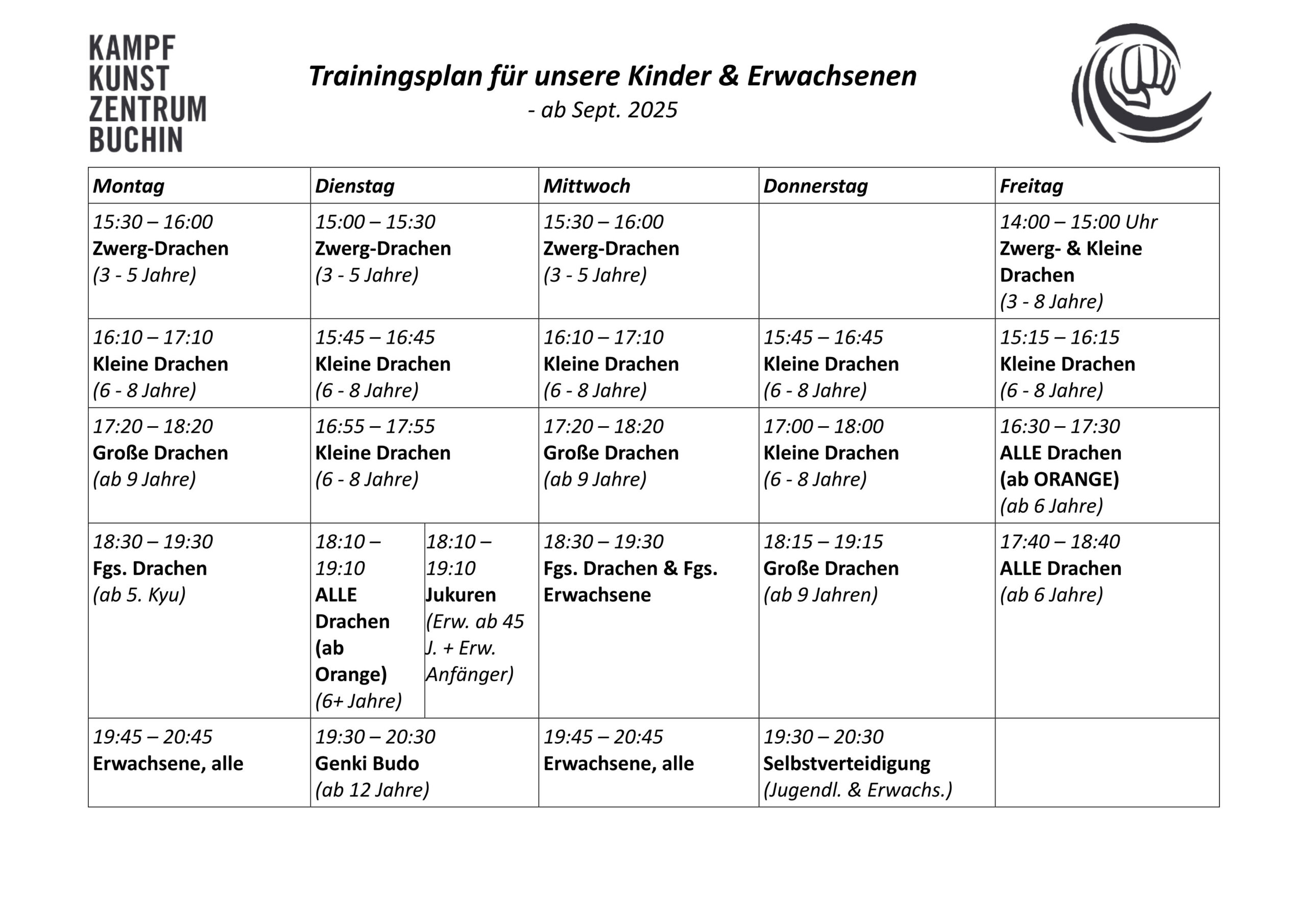 Unser Trainingsplan nach den Sommerferien 2025 // Karate Buchin