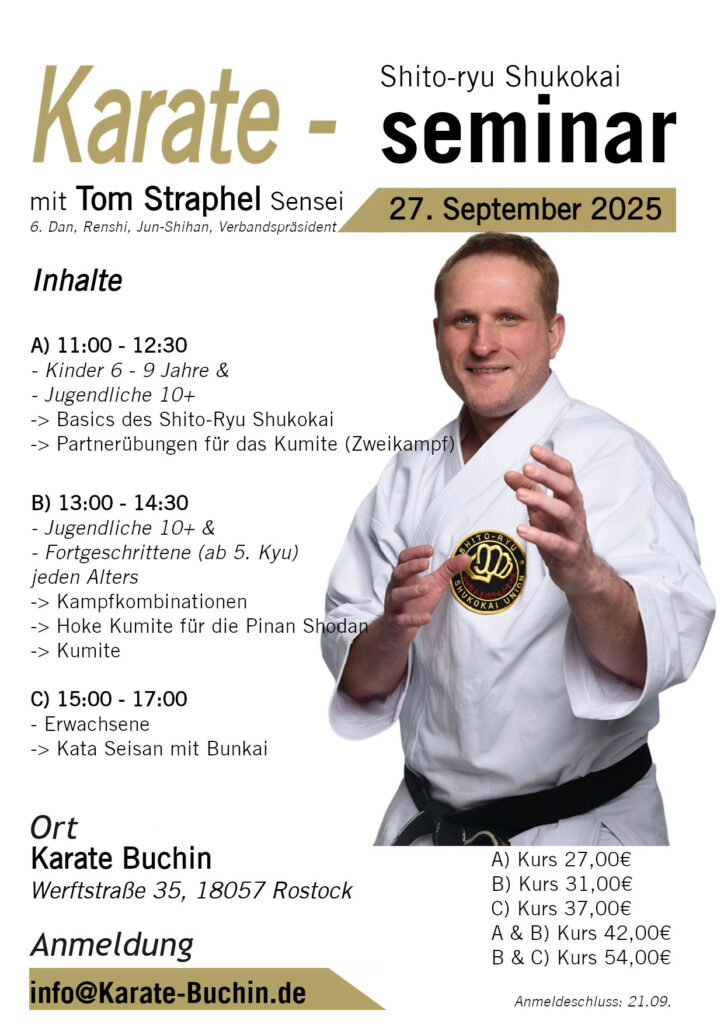 Karate Buchin Aushang Seminar Sensei Tom Straphel Rostock September 2025